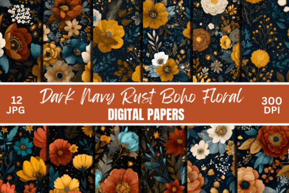 Download Dark Navy Rust Boho Floral Digital Paper - Premium Resources